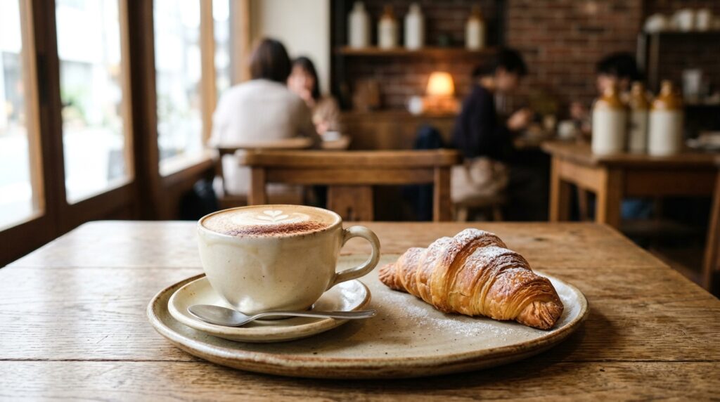 イタリアの朝食文化を象徴するカプチーノとコルネットがテーブルに並ぶ本場イタリアン朝食の風景