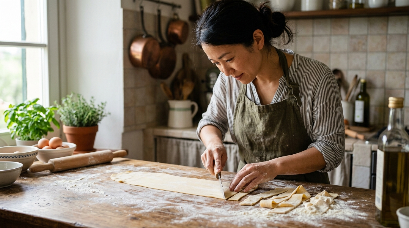 パッパルデッレを女性がレストランで楽しみながら幅広パスタの食感を堪能する上品な食卓風景
