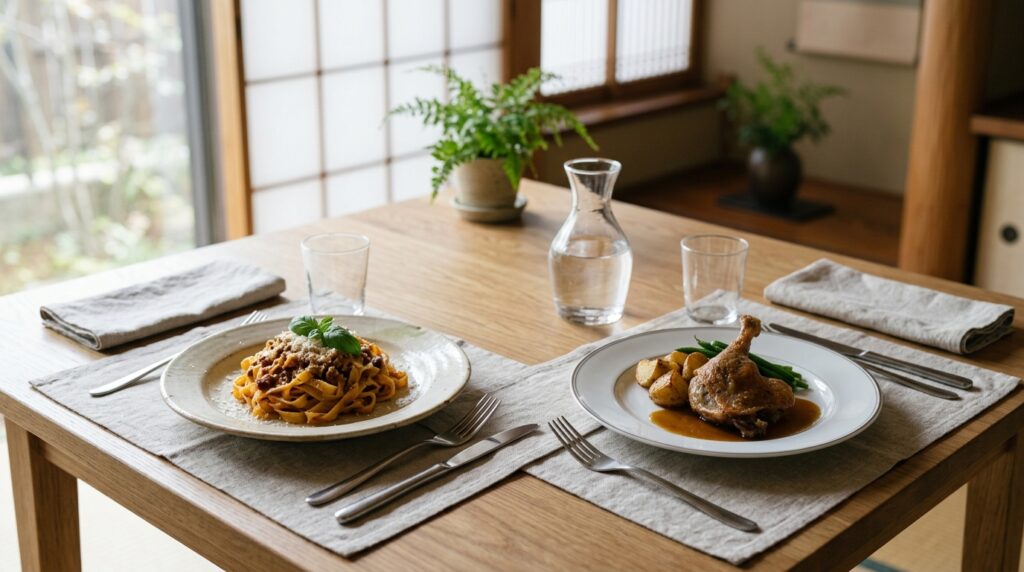 イタリア料理とフランス料理が並ぶ食卓でボーノという表現の違いや言語文化を比較しているイメージ
