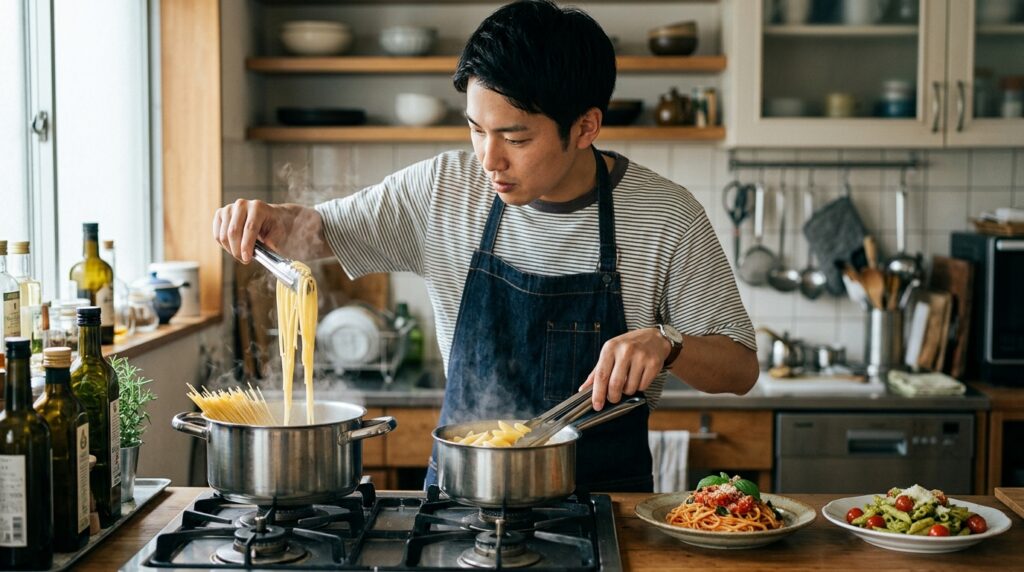 キッチンでパスタを調理する男性と安いパスタ麺の工夫した食べ方をイメージした料理風景