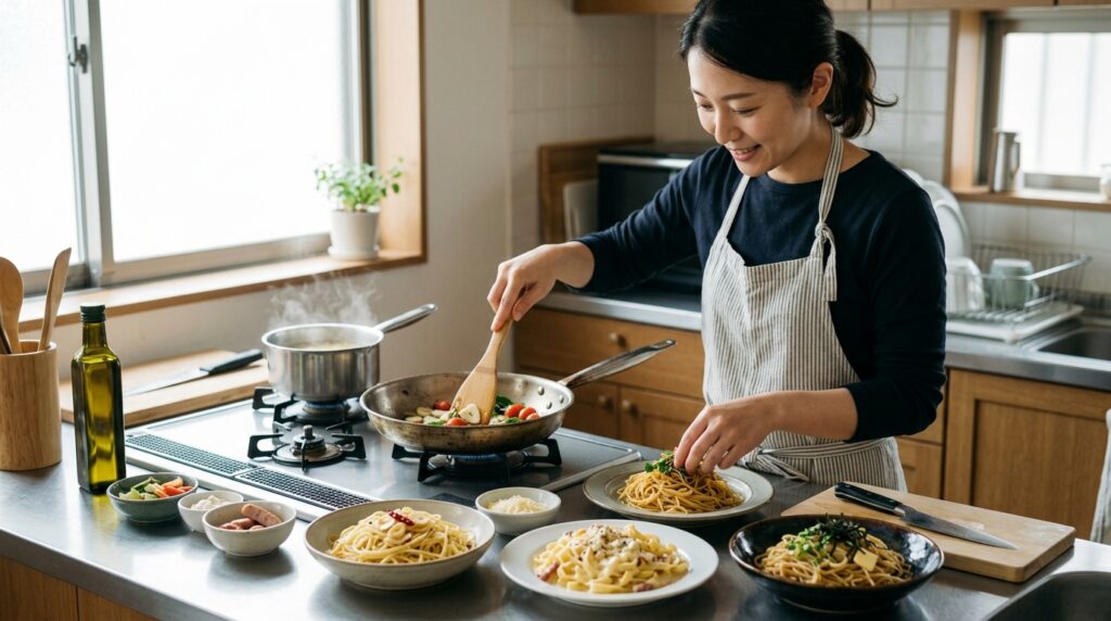 キッチンで簡単パスタソースを作る女性と家庭的な料理時間を感じる温かな風景
