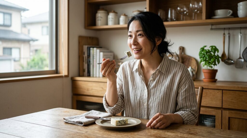 ゴルゴンゾーラチーズを味見しながら独特な風味に驚く女性が本場チーズの味わいを体験している様子
