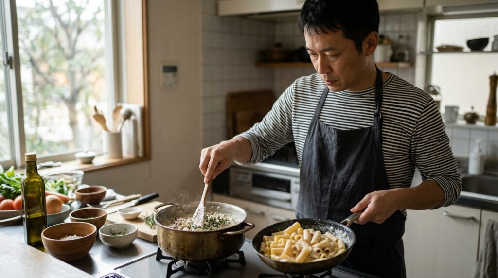 キッチンで白いラグーソースのパスタを調理する男性と温かなイタリア家庭料理の風景