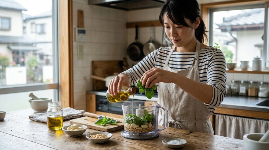 ジェノベーゼ作りの材料をフードプロセッサーに入れながらパンバジルソースを手作りする調理シーン