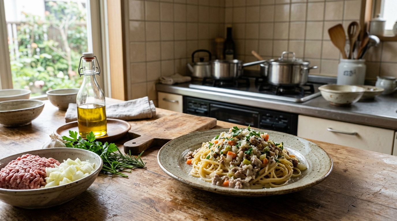 ラグービアンコをイメージさせる調理中のパスタと温かなキッチン空間が広がる料理風景