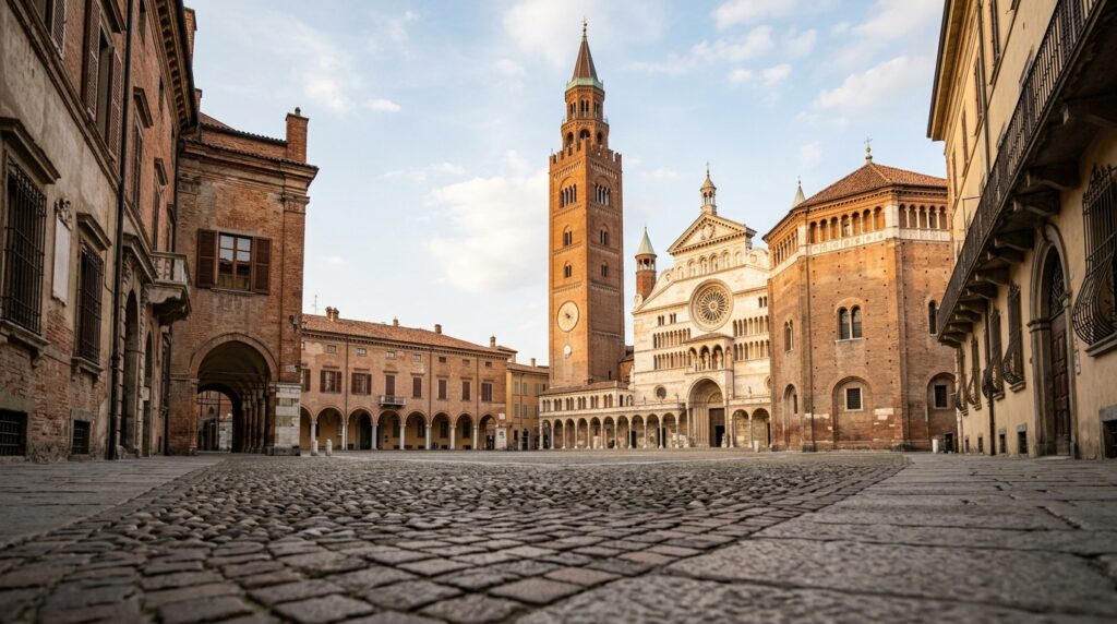 イタリア・クレモナの静かな中世広場に歴史的建築が並ぶ落ち着いた街並み風景
