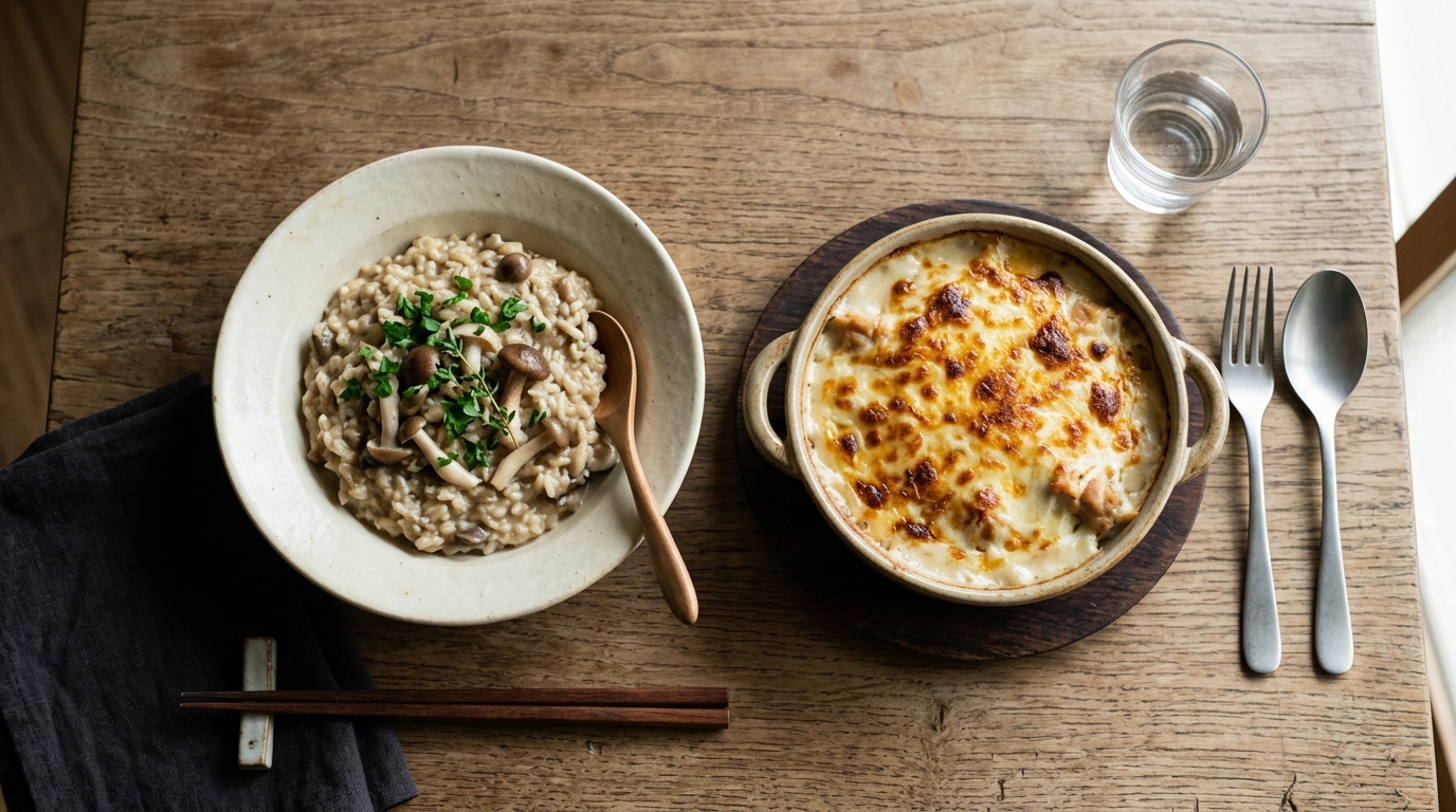 湯気の立つリゾットと焼き上げられたドリアが並び発祥や米の違いを感じさせる料理イメージ