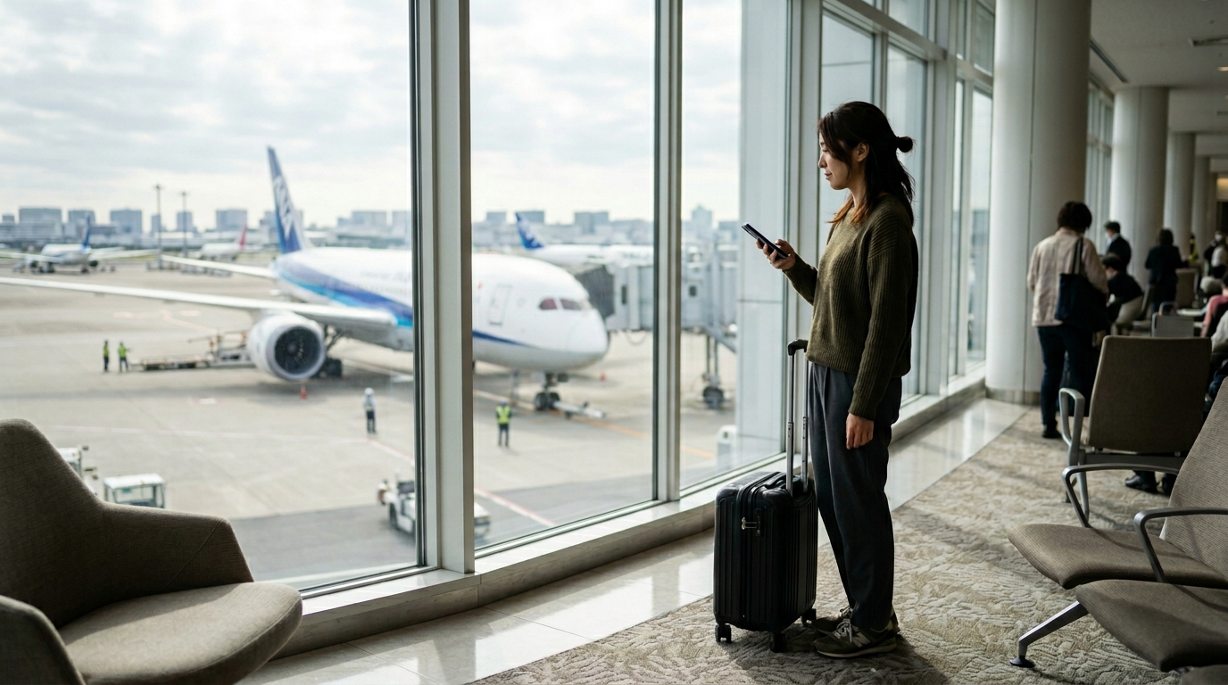 イタリアから日本への直行便で帰国するため、空港ロビーから旅客機を眺める女性旅行者の風景