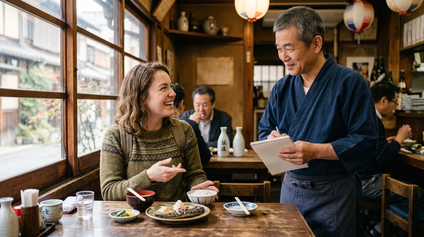フランス料理を楽しむ女性が美味しいの正しい表現を調べながらイタリア語との違いに気づく場面