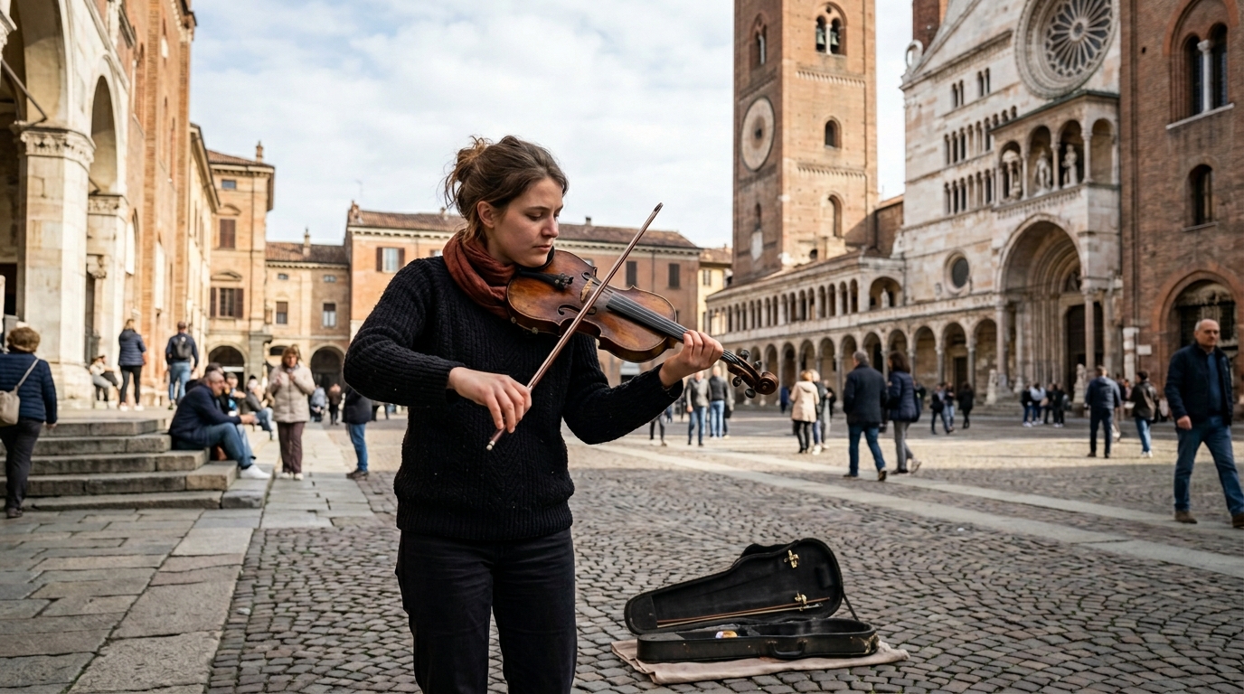 イタリア・クレモナの石畳の広場で、中世の街並みとヴァイオリン文化を満喫する女性の散策風景