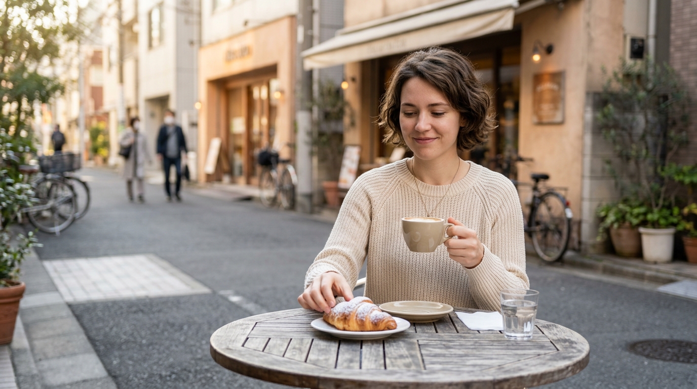 本場イタリアのカフェで女性がカプチーノと甘いコルネットを片手に朝食を楽しむ優雅な時間