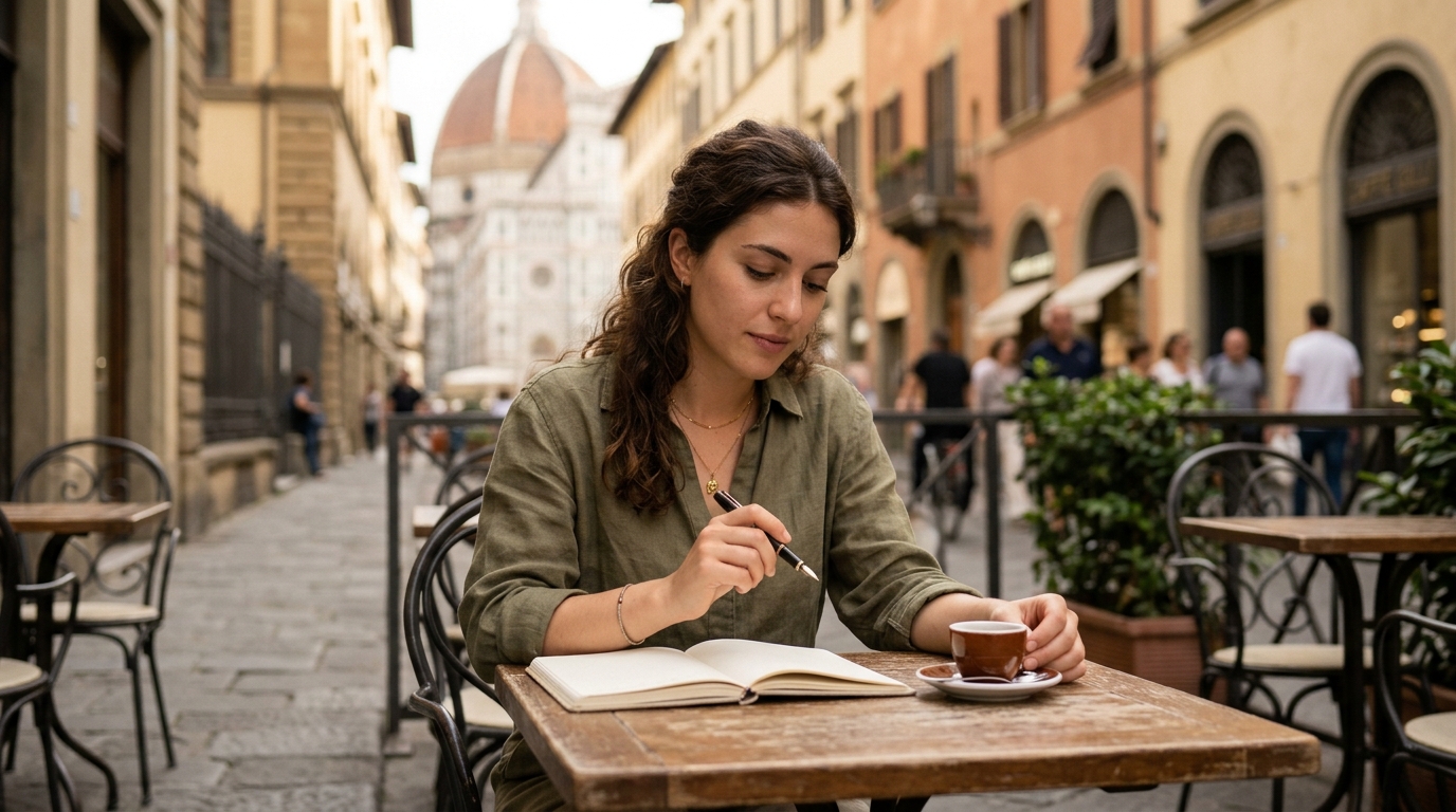 イタリア女性の名前の意味や由来を女性がカフェで手帳にまとめながら楽しむ知的な時間の風景