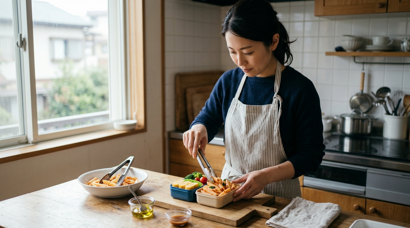 冷めても美味しいペンネ弁当を準備した女性が彩り豊かなパスタランチを楽しんでいる様子