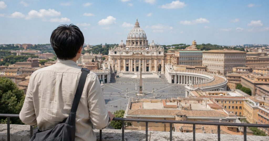 バチカン市国がなぜ小さいのかをテーマに、ローマに囲まれた世界最小国家の歴史や街並みを表すイメージ画像