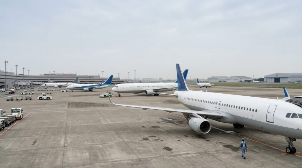 滑走路に並ぶ飛行機と日本からイタリア直行便の旅行をイメージした空港風景