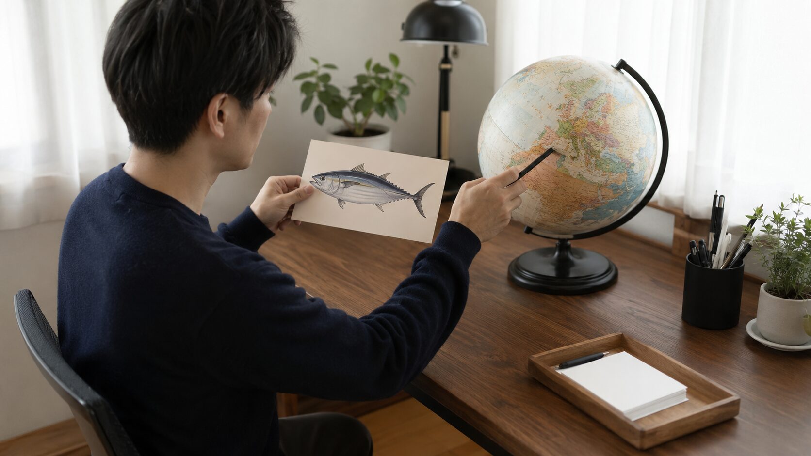 イタリア語でカツオは何というの表現を調べながら、魚介料理について学ぶ男性の姿を表したイタリアンのイメージ画像