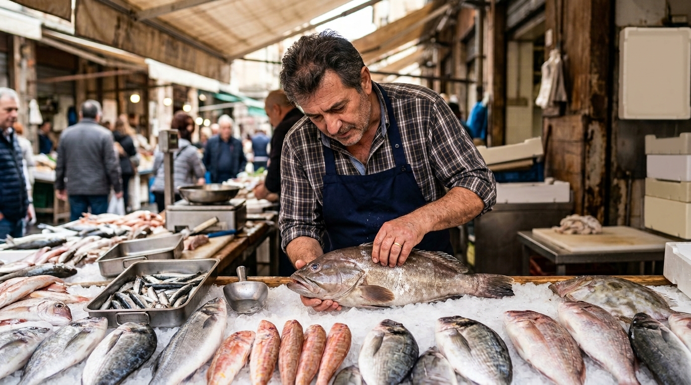 イタリア魚の種類を選ぶ男性が市場で新鮮な魚介を見比べながら料理を考える食文化シーン