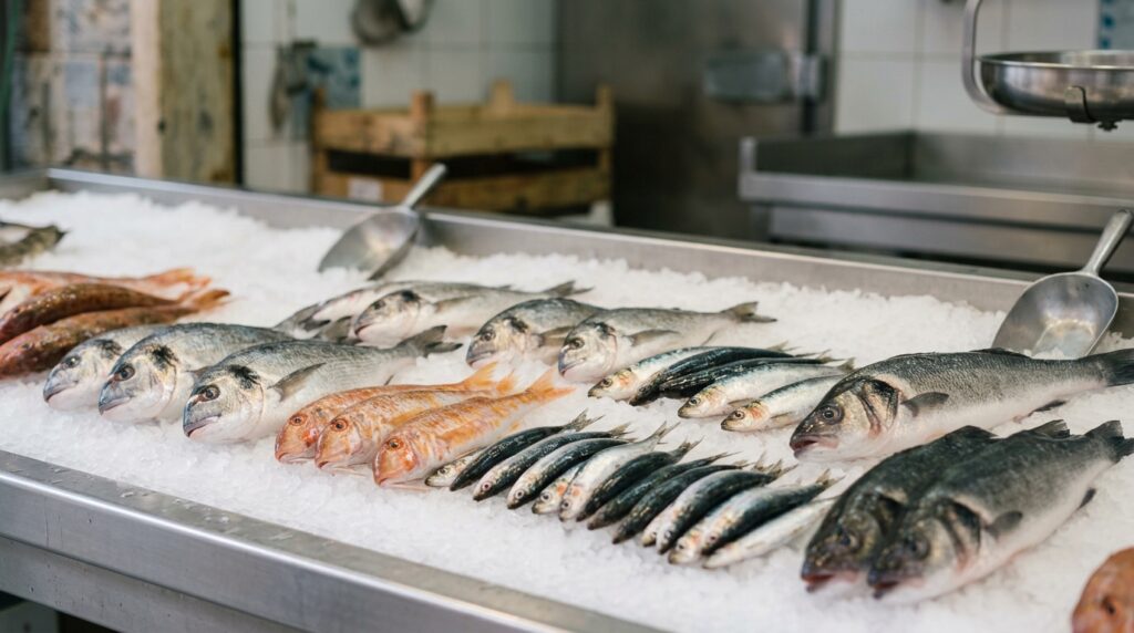 氷の上に並ぶ新鮮な魚とイタリア魚料理の食文化を感じる市場の風景