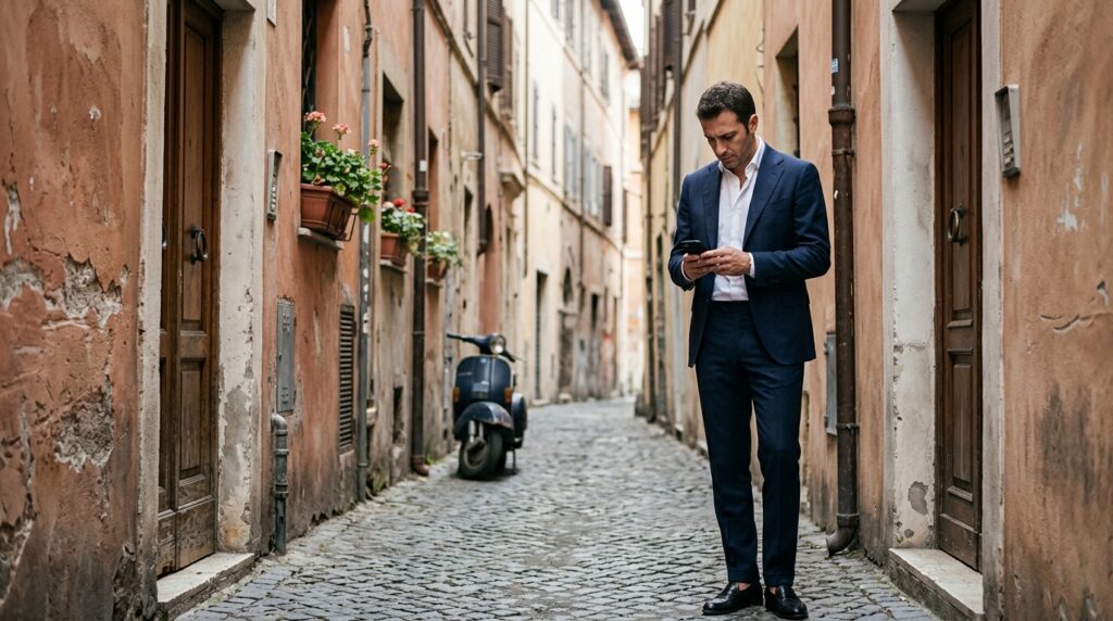 イタリアの路地裏でスマートフォンを確認する男性と緊張感のある街角風景