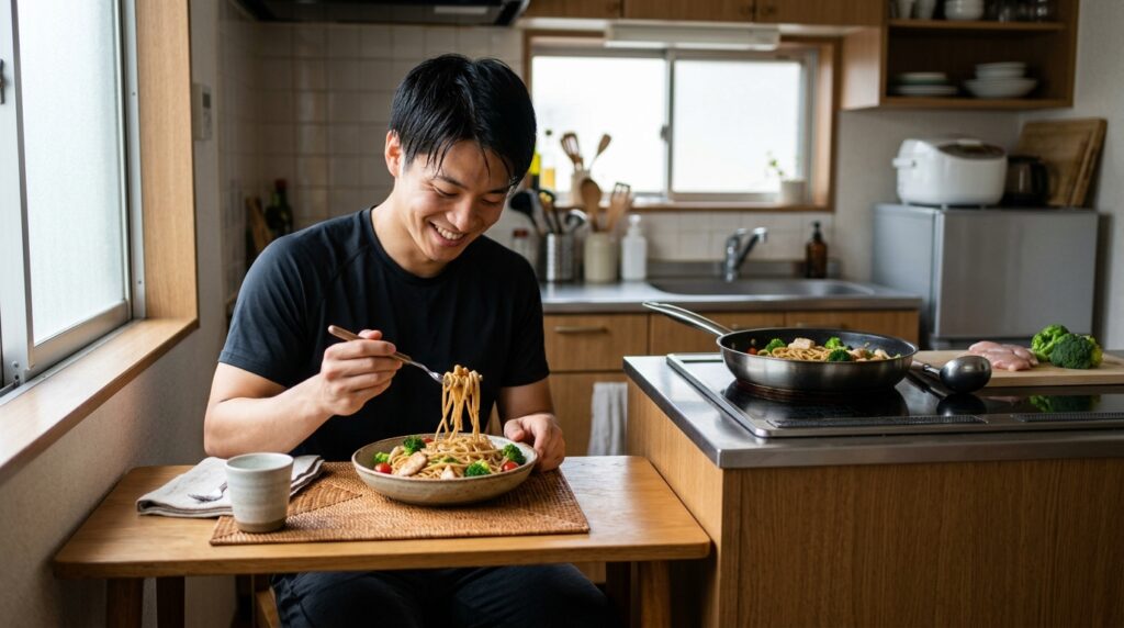キッチンでパスタを調理する男性と高タンパク質な食生活をイメージした料理風景