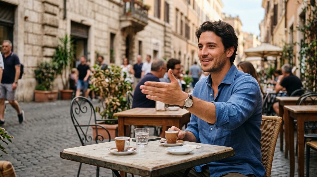 イタリアのカフェテラスで身振りを交えて会話する男性と陽気な街角風景