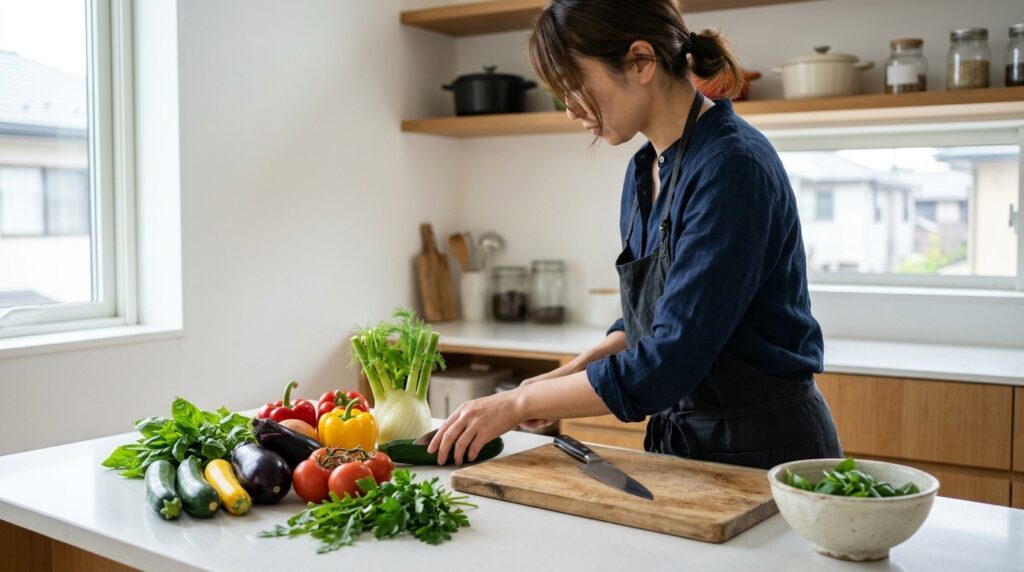 イタリアの野菜を使った食材選びや料理準備の様子と豊かな食文化を表すイメージ画像