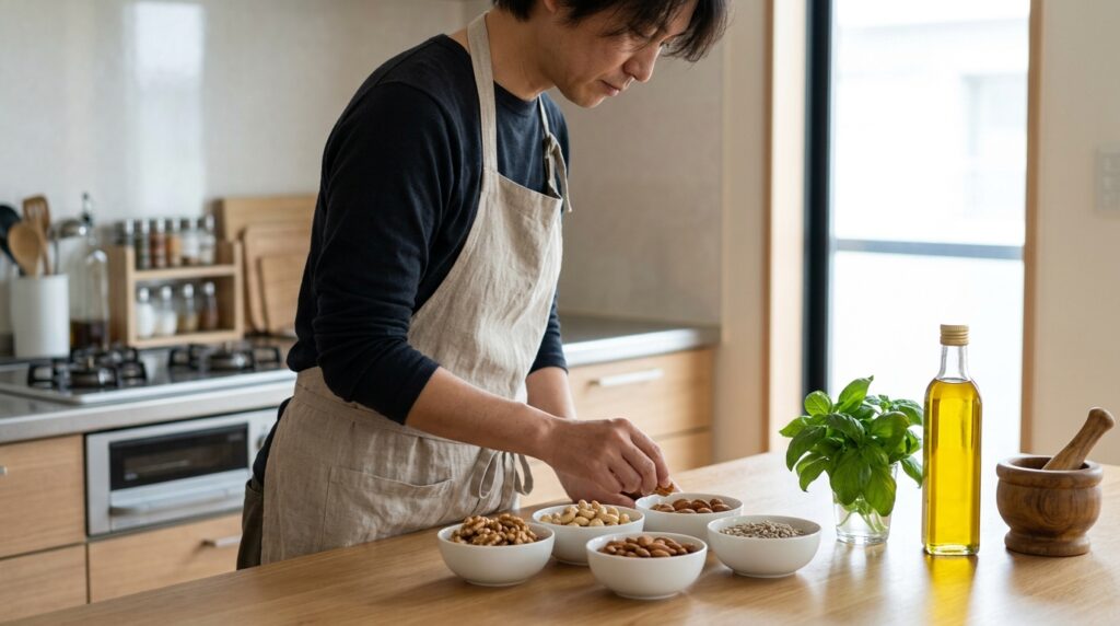 ジェノベーゼの松の実代用として使う食材を比較し、仕上がりの違いを検討している様子を表すイメージ画像