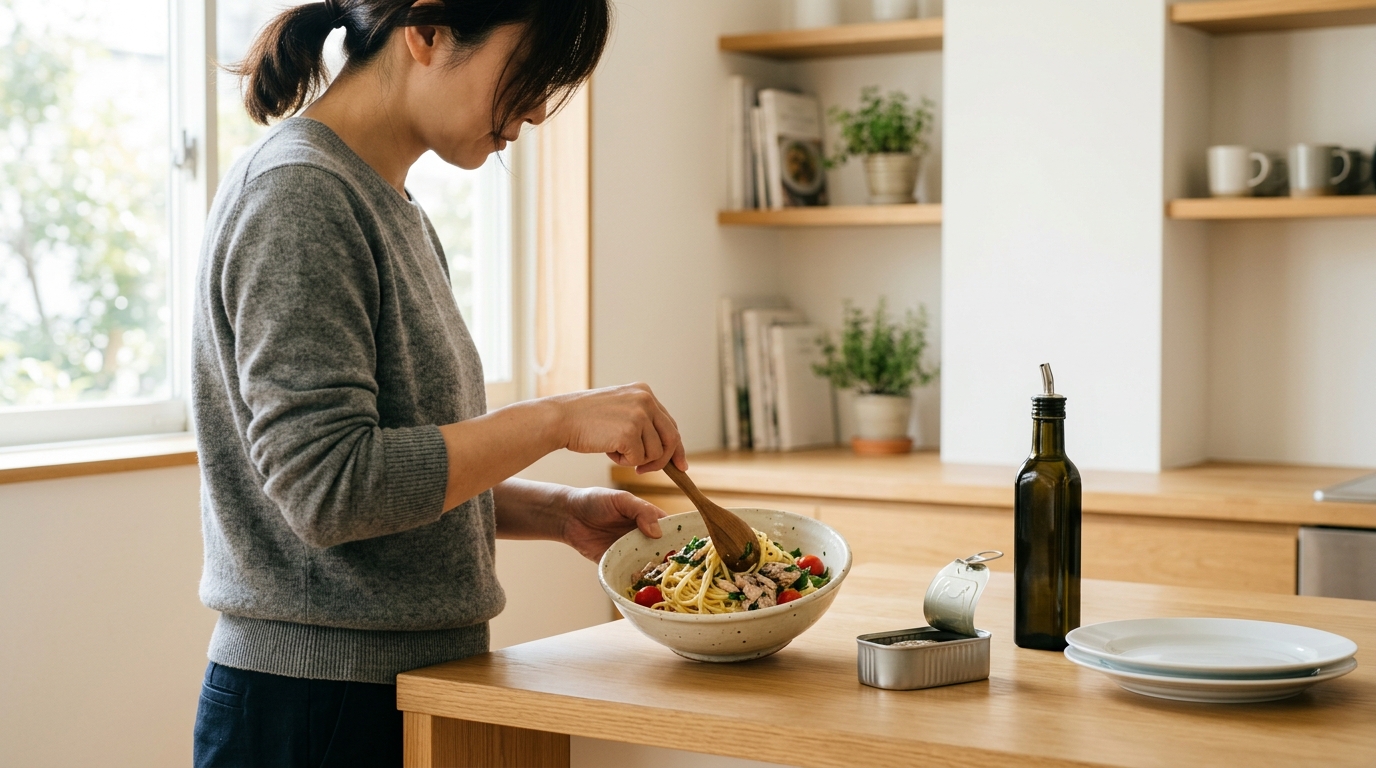 鯖缶パスタ 混ぜるだけを活用し、女性が簡単調理で本格的なイタリアン風パスタを食卓に並べる様子を表すイメージ画像