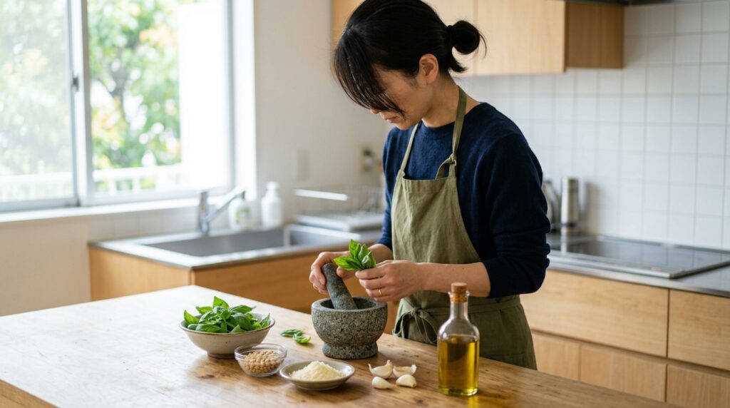 バジルを使ったジェノベーゼ作りの下準備や材料を整える様子を表すイメージ画像