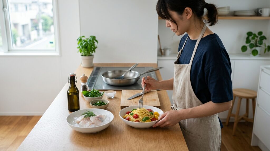キッチンで食材を準備しながら白身魚パスタ作りに取り組む様子を表すイメージ画像