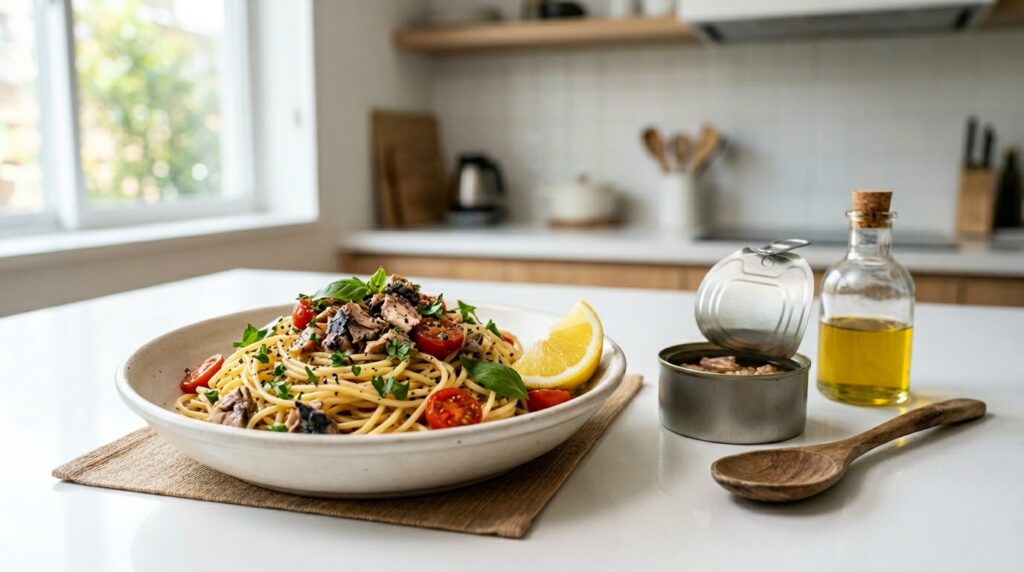 鯖缶を使った手軽なパスタ料理と本格イタリアンの味わいをイメージした盛り付けを表すイメージ画像