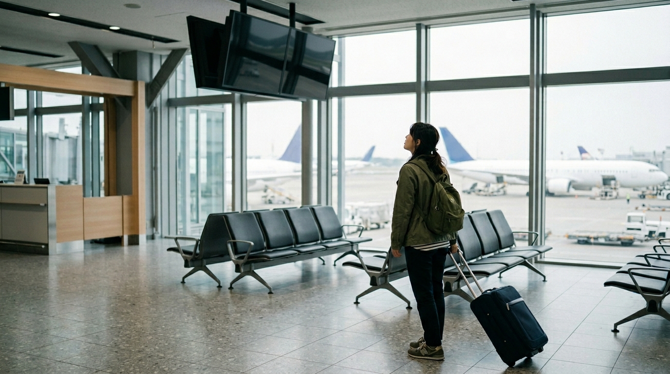 日本からイタリア直行便を利用する女性旅行者が広い空港ロビーで搭乗準備を進める旅行風景
