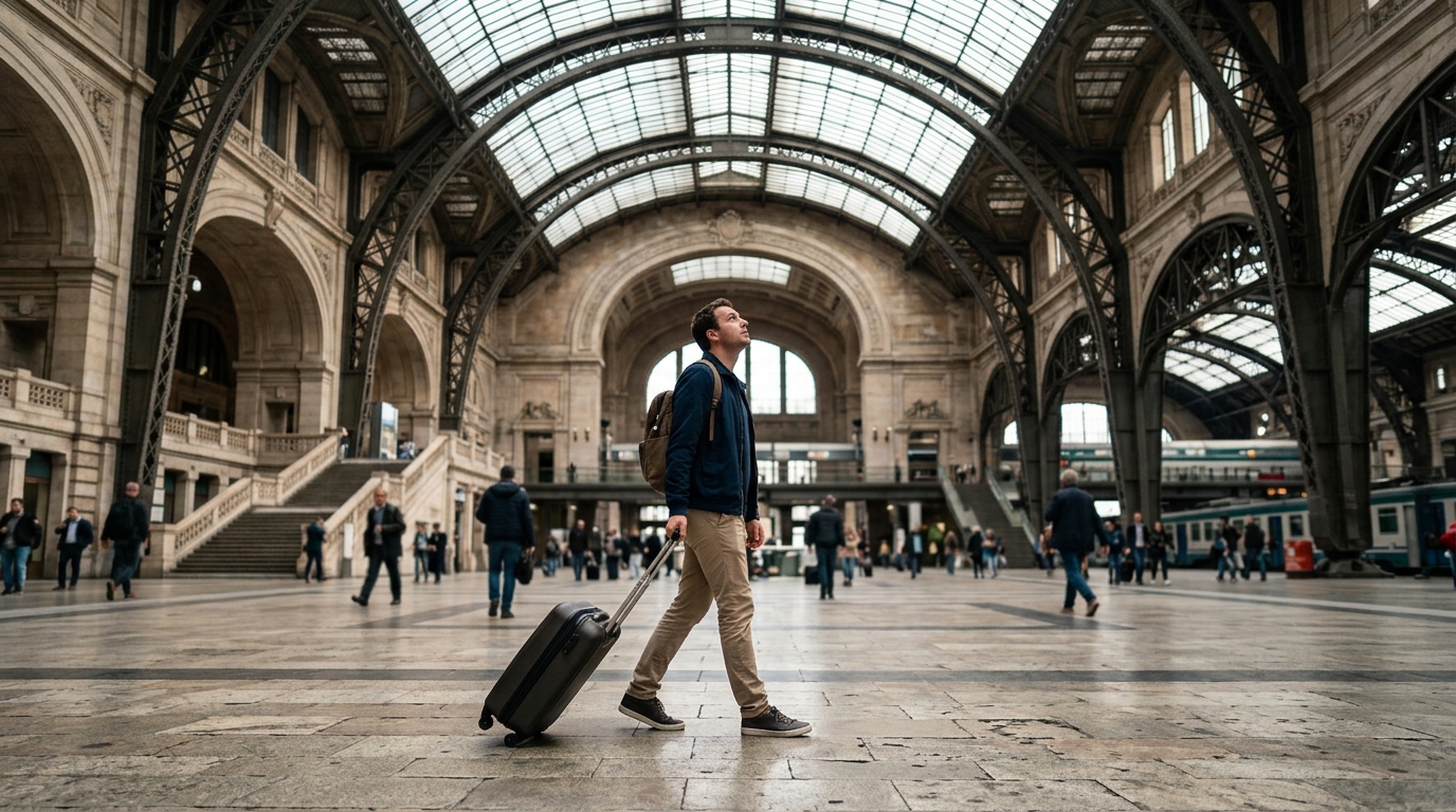 ミラノ中央駅でスーツケースを持つ男性旅行者が乗り換え案内を確認するイタリア旅行の駅構内風景