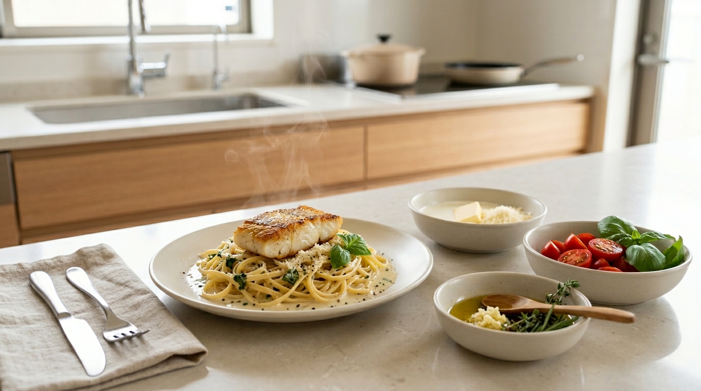 白身魚パスタの選び方とソース作りを連想させる食材や調理器具が並ぶイタリアンキッチンのイメージ画像
