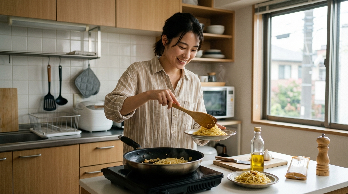 パスタ節約術を取り入れた女性が一人暮らしのキッチンで手軽な節約パスタを楽しむ温かな食卓風景