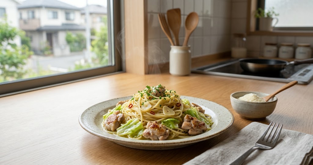 鶏肉とキャベツのイタリアンパスタのイメージ