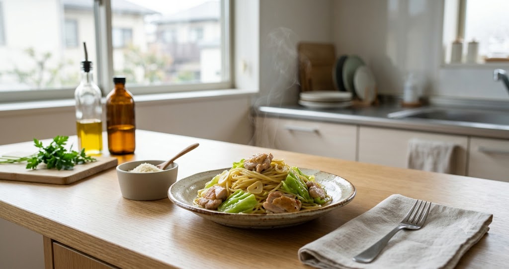 鶏肉とキャベツのパスタを表すイメージ画像