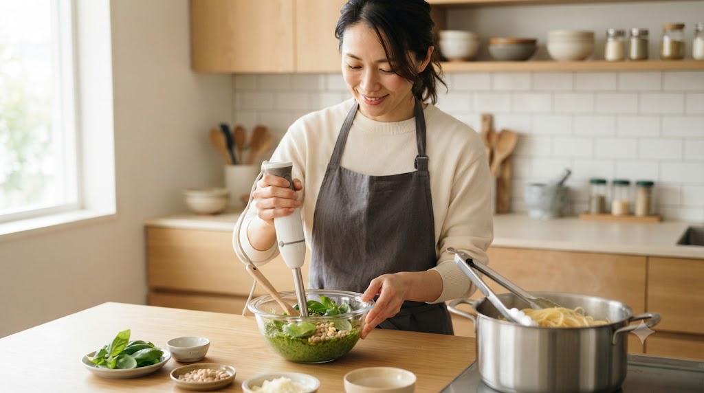松の実入りバジルソースのパスタのイメージ