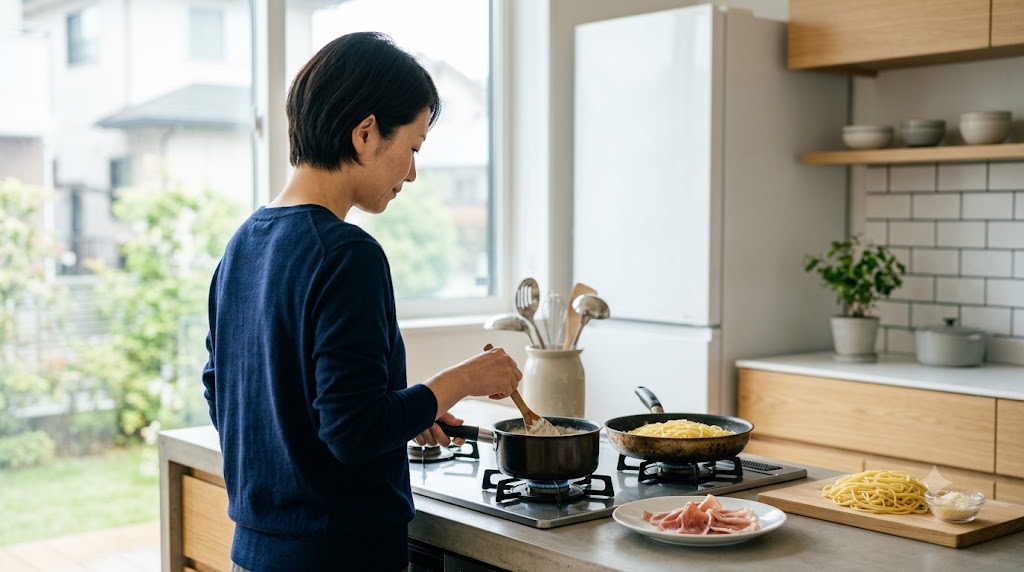 生ハムを添えたクリームパスタのイメージ