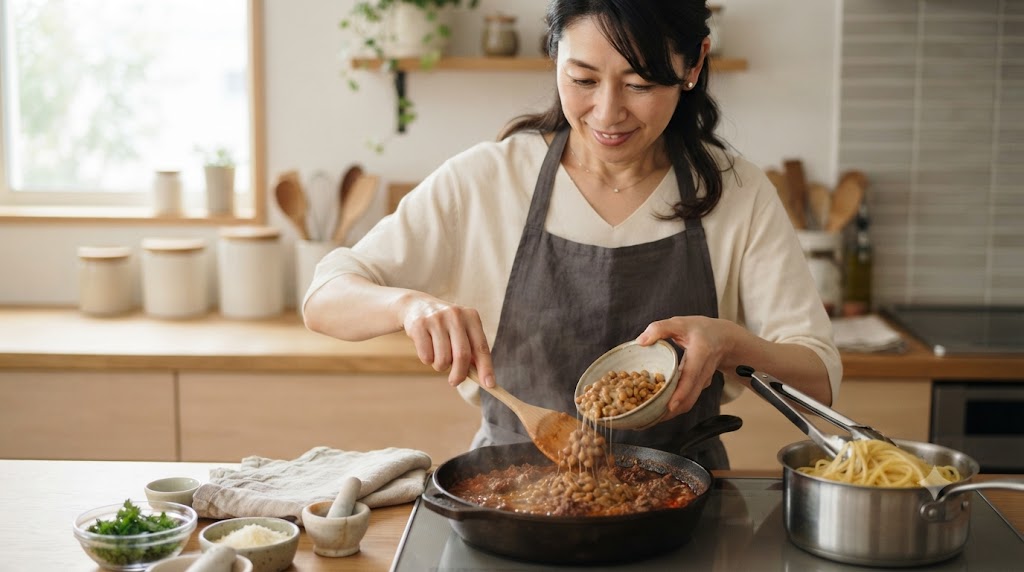 ミートソース納豆パスタを表すイメージ画像