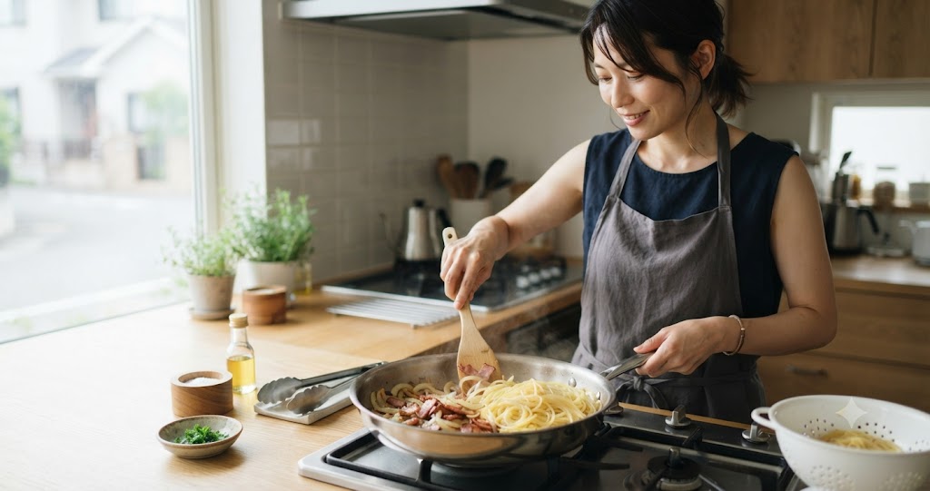 ベーコンと玉ねぎのパスタのイメージ