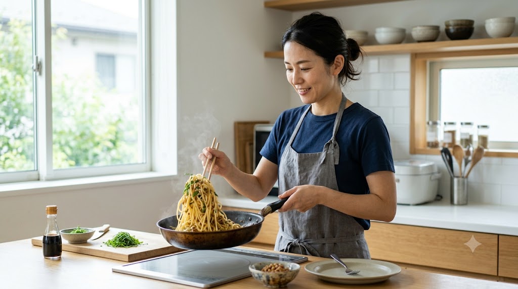 納豆と大葉を使った和風パスタのイメージ