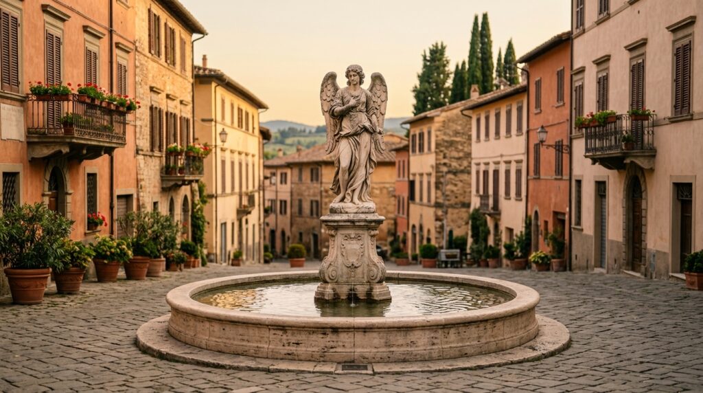 イタリア語で天使を意味する言葉や文化表現をイメージできる、イタリアの広場に立つ天使像を表すイメージ画像