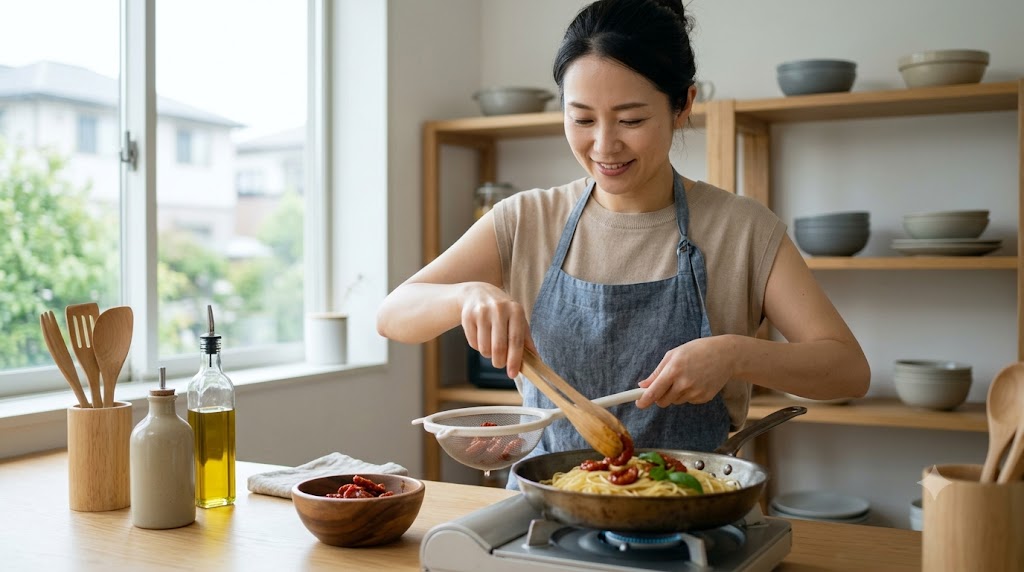 ドライトマトパスタの作り方を表すイメージ画像