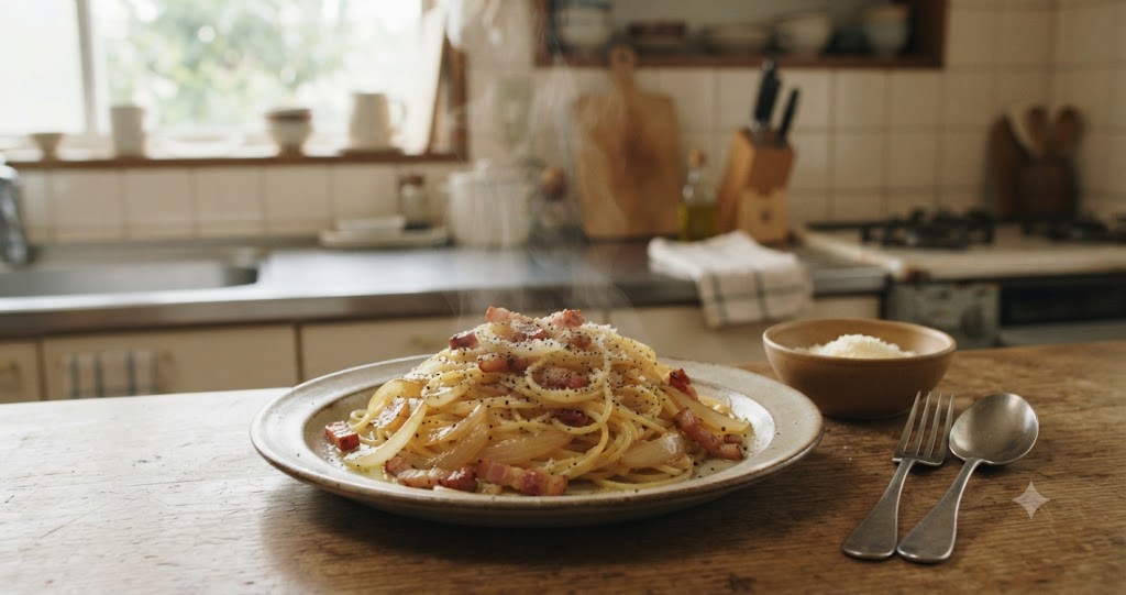ベーコンと玉ねぎのパスタを表すイメージ画像