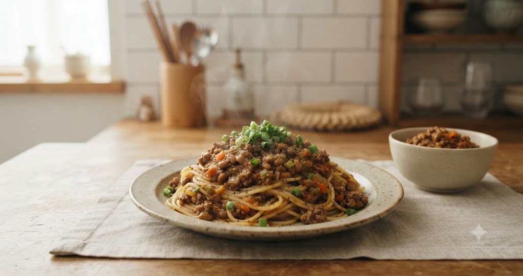 ミートソースと納豆のパスタのイメージ