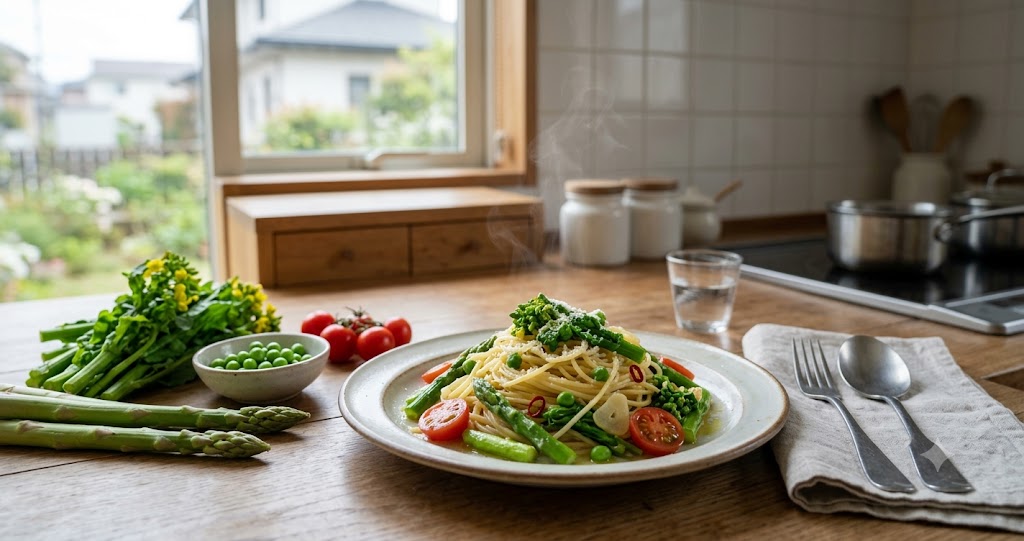 春のパスタレシピを表すイメージ画像