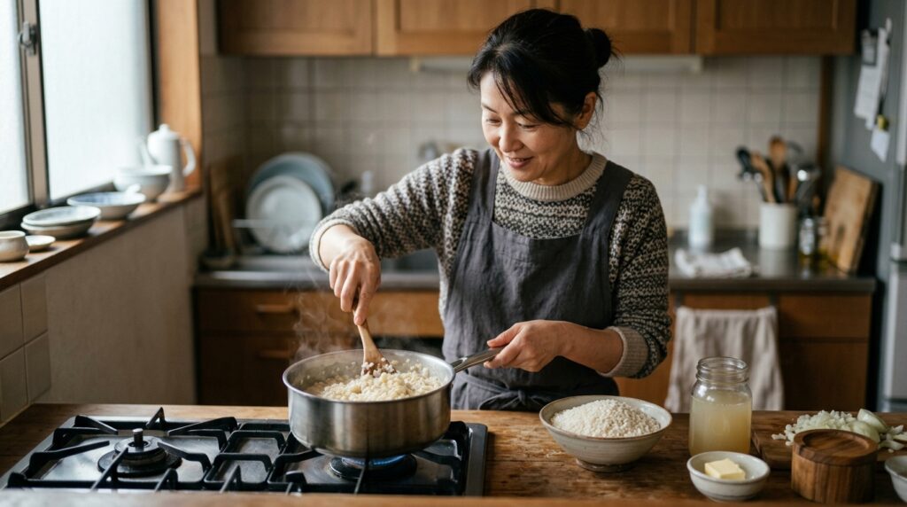 日本人女性が作る生米リゾット