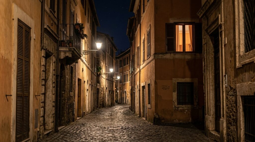 夜のローマの通りとBuonanotte